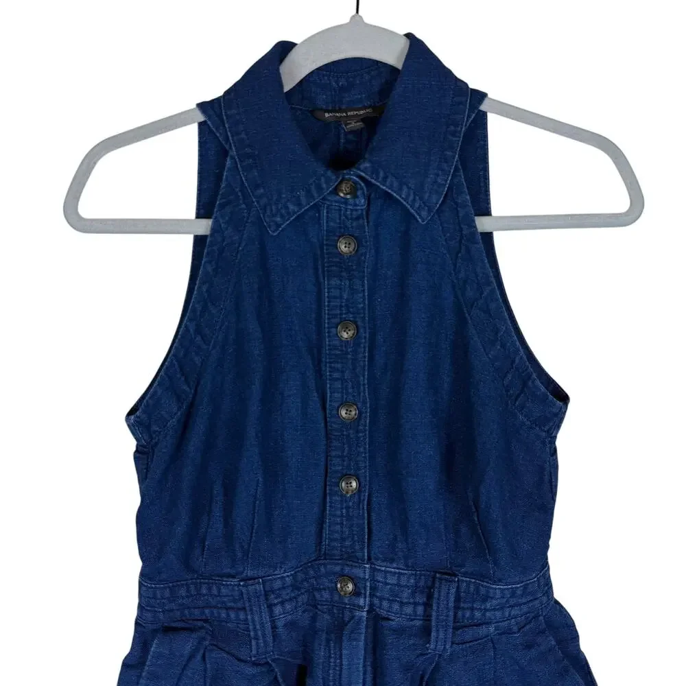 Banana Republic Camp Romper Womens 2 Petite Blue Linen Button Front Tie Waist‎
